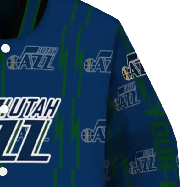 customized utah jazz bolt stripe navy varsity jacket premium grade.webp