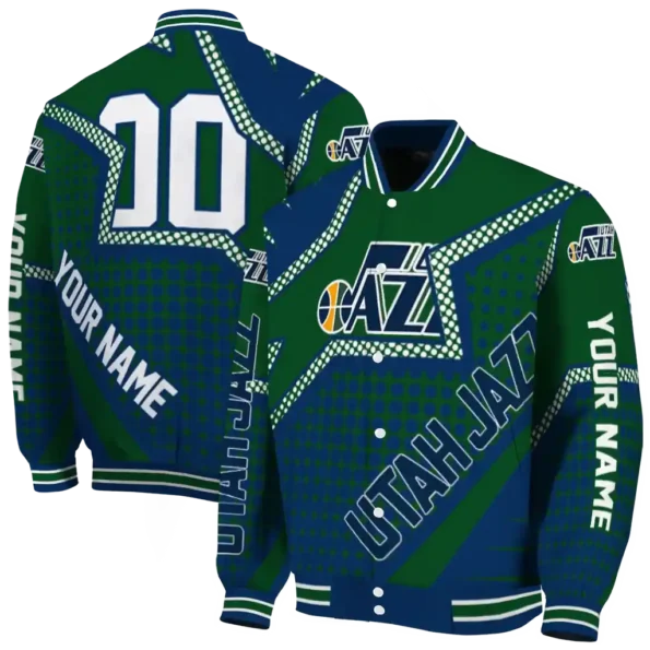 customized utah jazz star burst navy varsity jacket fashion forward.webp