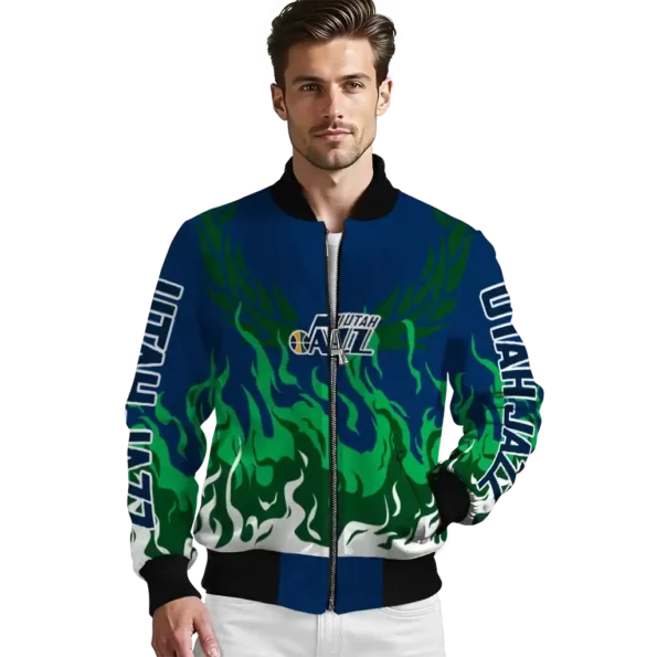 customized utah jazz winged blaze navy white bomber jacket high quality