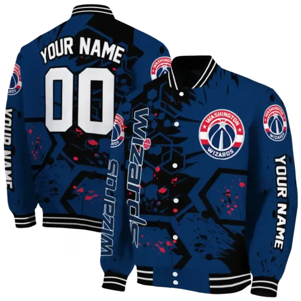 customized washington wizards hexagon cluster blue black varsity jacket fashion forward.webp