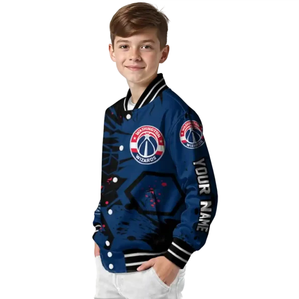 customized washington wizards hexagon cluster blue black varsity jacket trendy.webp