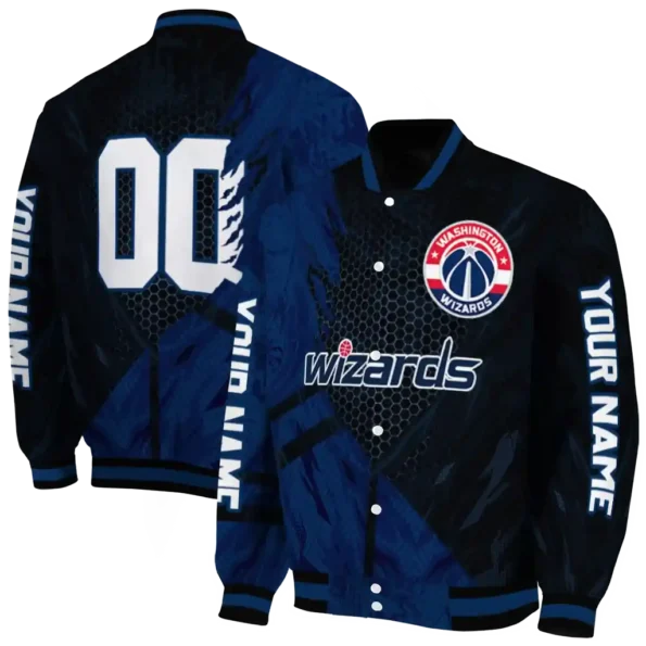 customized washington wizards hexagon mesh blue black varsity jacket fashion forward.webp