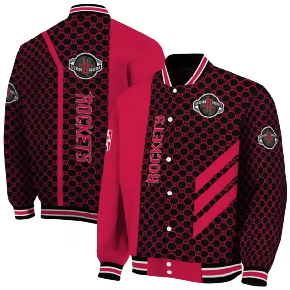 houston rockets triple side stripes red black varsity jacket fashion forward.webp