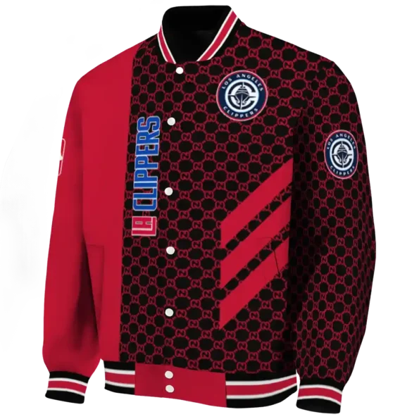 los angeles clippers triple side stripes red black varsity jacket best selling.webp
