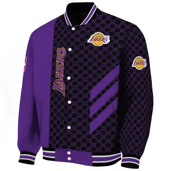 los angeles lakers triple side stripes purple black varsity jacket best selling.webp