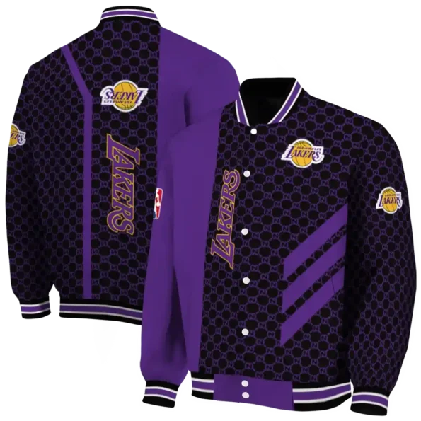 los angeles lakers triple side stripes purple black varsity jacket fashion forward.webp