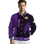 los angeles lakers triple side stripes purple black varsity jacket best selling.webp