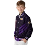 los angeles lakers triple side stripes purple black varsity jacket best selling.webp