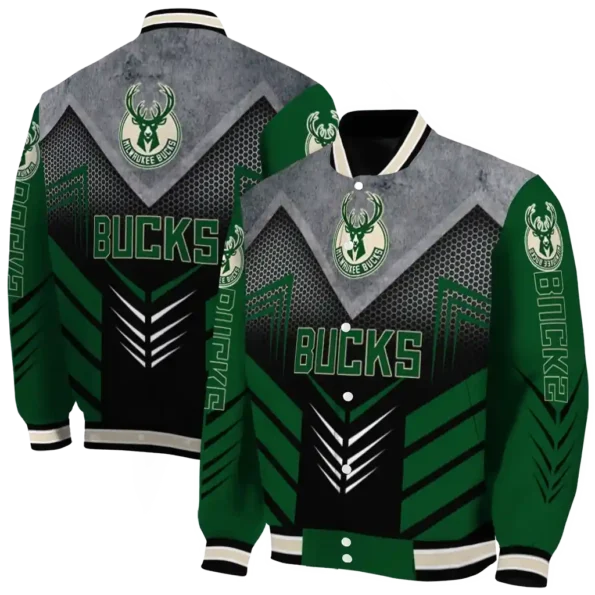 milwaukee bucks arrow layer green black varsity jacket fashion forward.webp