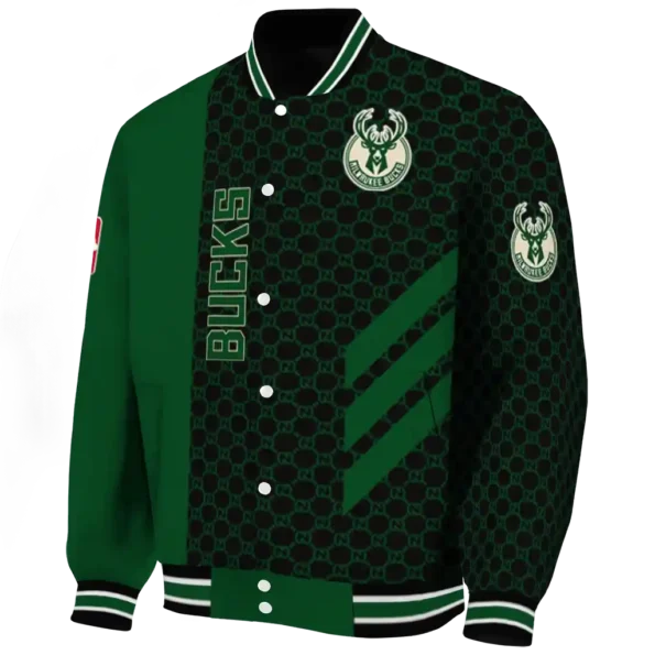 milwaukee bucks triple side stripes green black varsity jacket best selling.webp