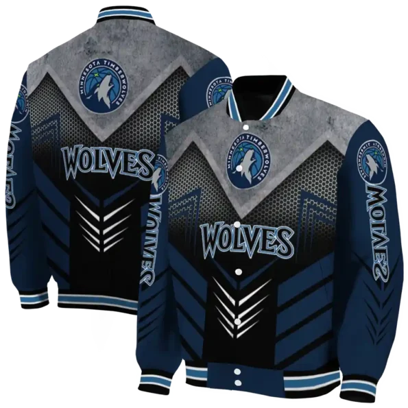 minnesota timberwolves arrow layer midnight blue black varsity jacket fashion forward.webp