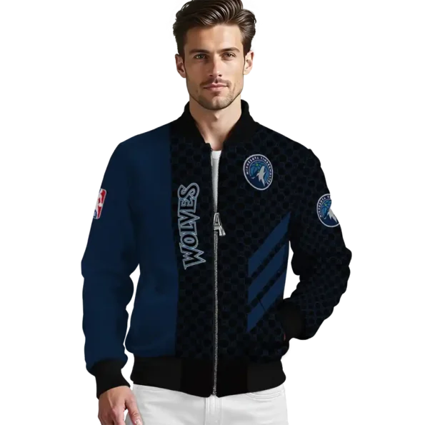 minnesota timberwolves triple side stripes midnight blue black bomber jacket high quality