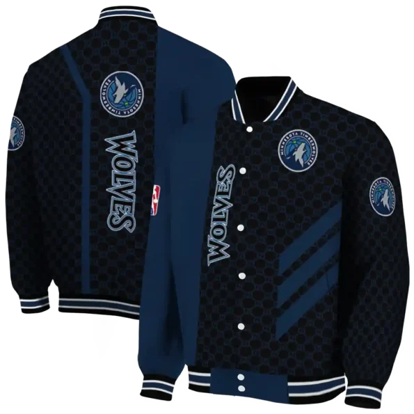 minnesota timberwolves triple side stripes midnight blue black varsity jacket fashion forward.webp