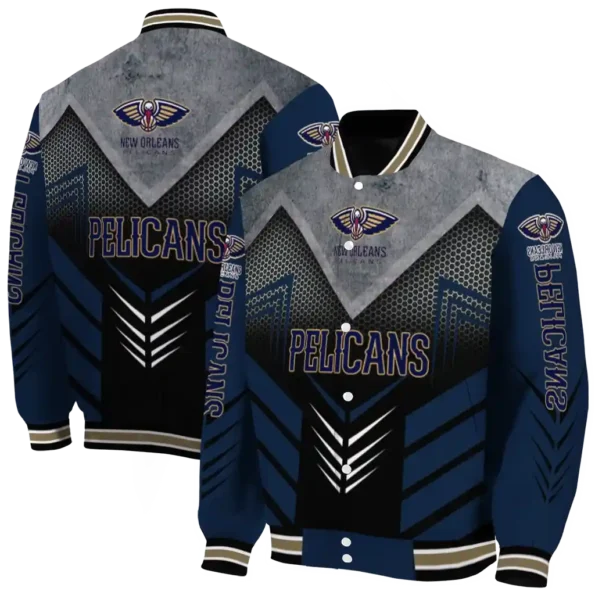 new orleans pelicans arrow layer navy black varsity jacket fashion forward.webp