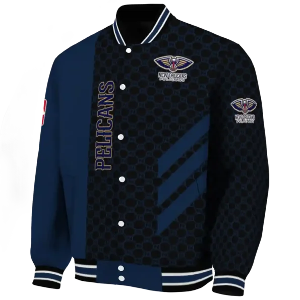 new orleans pelicans triple side stripes navy black varsity jacket best selling.webp