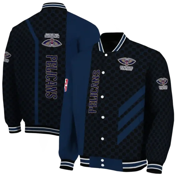 new orleans pelicans triple side stripes navy black varsity jacket fashion forward.webp