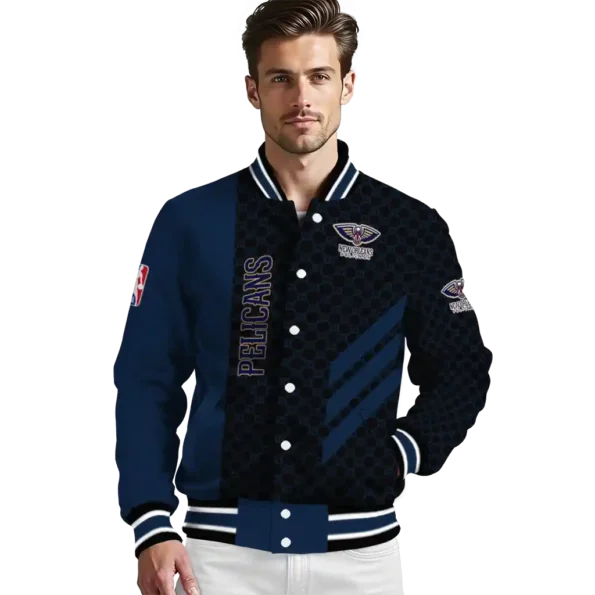 new orleans pelicans triple side stripes navy black varsity jacket high quality.webp