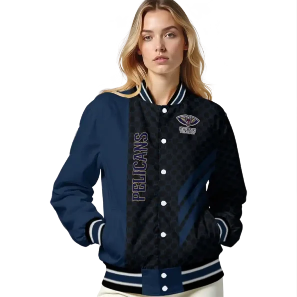 new orleans pelicans triple side stripes navy black varsity jacket latest model.webp