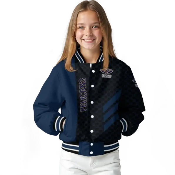 new orleans pelicans triple side stripes navy black varsity jacket top rated.webp