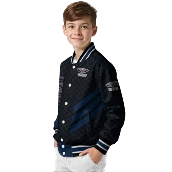 new orleans pelicans triple side stripes navy black varsity jacket trendy.webp