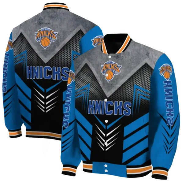 new york knicks arrow layer blue black varsity jacket fashion forward.webp