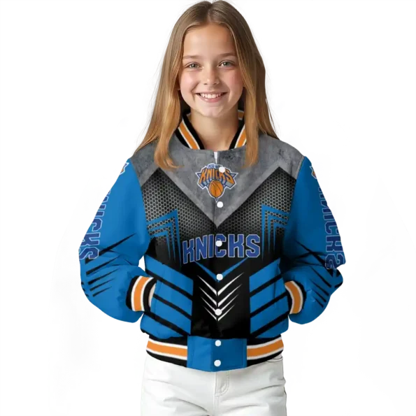 new york knicks arrow layer blue black varsity jacket top rated.webp