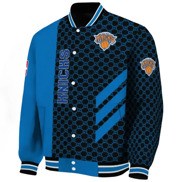 new york knicks triple side stripes blue black varsity jacket best selling.webp