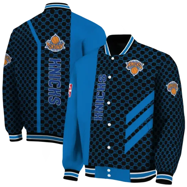 new york knicks triple side stripes blue black varsity jacket fashion forward.webp