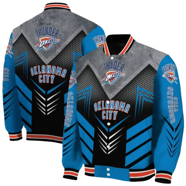 oklahoma city thunder arrow layer blue black varsity jacket fashion forward.webp