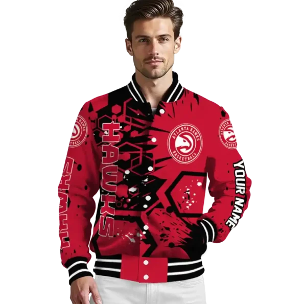 personalized atlanta hawks hexagon cluster red black varsity jacket high quality.webp