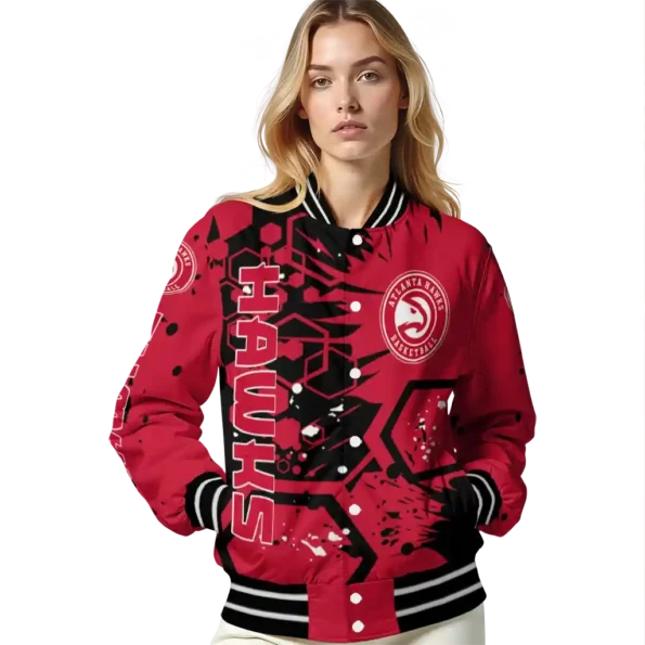 personalized atlanta hawks hexagon cluster red black varsity jacket latest model.webp