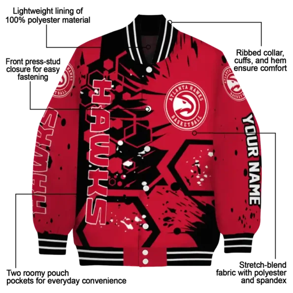 personalized atlanta hawks hexagon cluster red black varsity jacket new arrival.webp