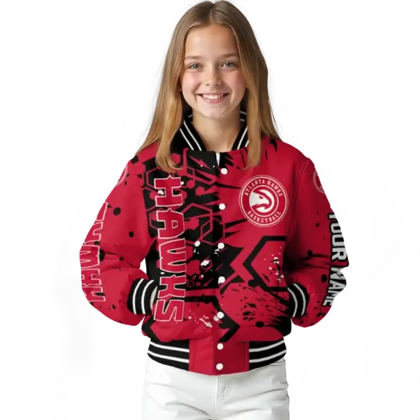 personalized atlanta hawks hexagon cluster red black varsity jacket top rated.webp