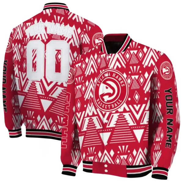 personalized atlanta hawks pyramid shapes red varsity jacket fashion forward.webp