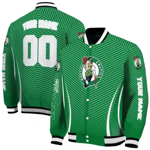 personalized boston celtics chevron arrow green varsity jacket fashion forward.webp