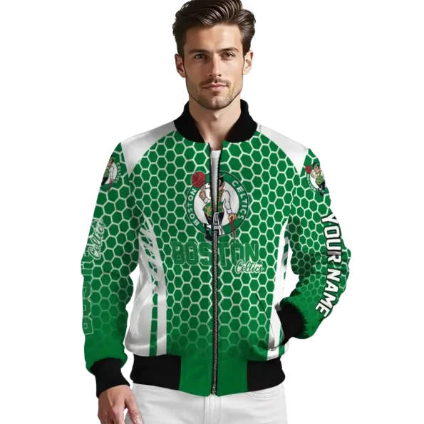 personalized boston celtics hexagon grid green bomber jacket high quality