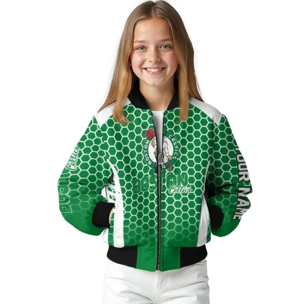 personalized boston celtics hexagon grid green bomber jacket top rated