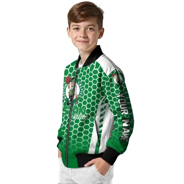 personalized boston celtics hexagon grid green bomber jacket trendy