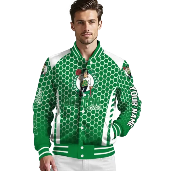 personalized boston celtics hexagon grid green varsity jacket high quality.webp