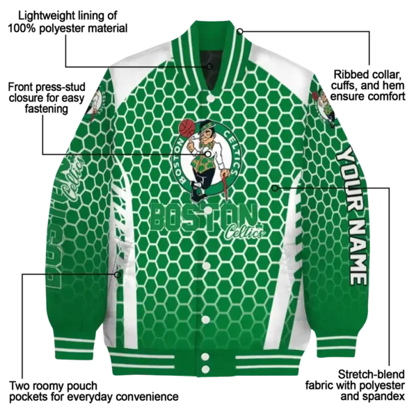 personalized boston celtics hexagon grid green varsity jacket new arrival.webp