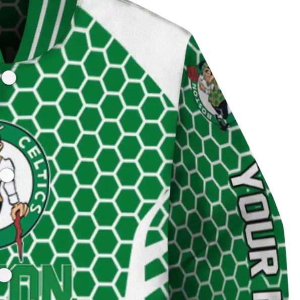 personalized boston celtics hexagon grid green varsity jacket premium grade.webp