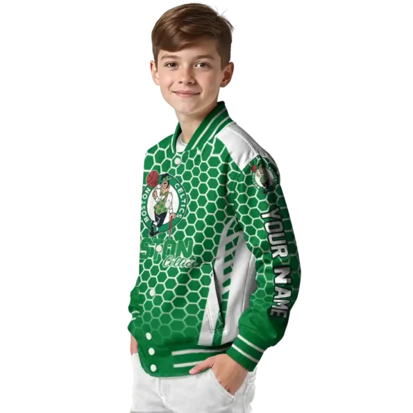 personalized boston celtics hexagon grid green varsity jacket trendy.webp