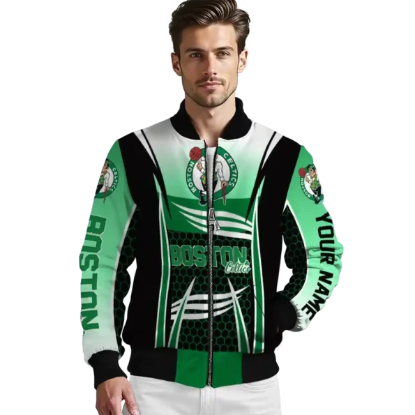 personalized boston celtics mesh effect green black bomber jacket high quality