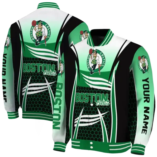 personalized boston celtics mesh effect green black varsity jacket fashion forward.webp