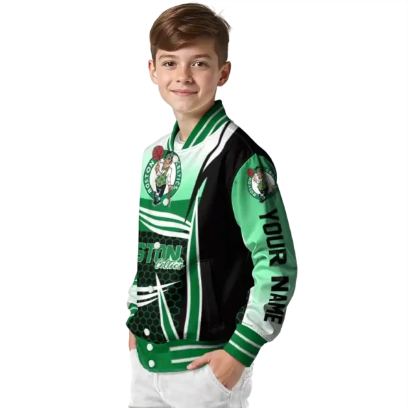 personalized boston celtics mesh effect green black varsity jacket trendy.webp