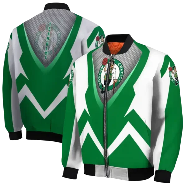 personalized boston celtics v stripes green white bomber jacket fashion forward