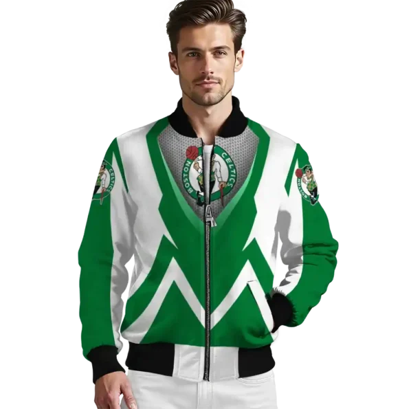 personalized boston celtics v stripes green white bomber jacket high quality