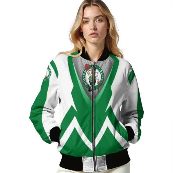 personalized boston celtics v stripes green white bomber jacket latest model