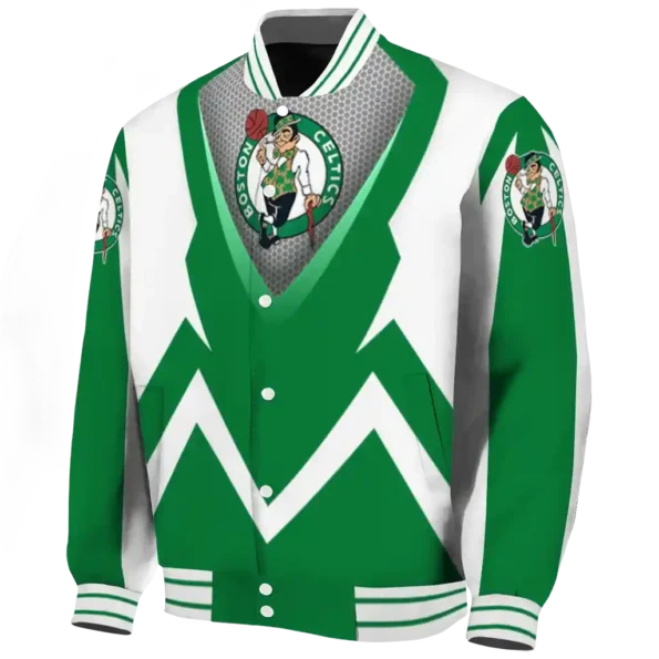 personalized boston celtics v stripes green white varsity jacket best selling.webp
