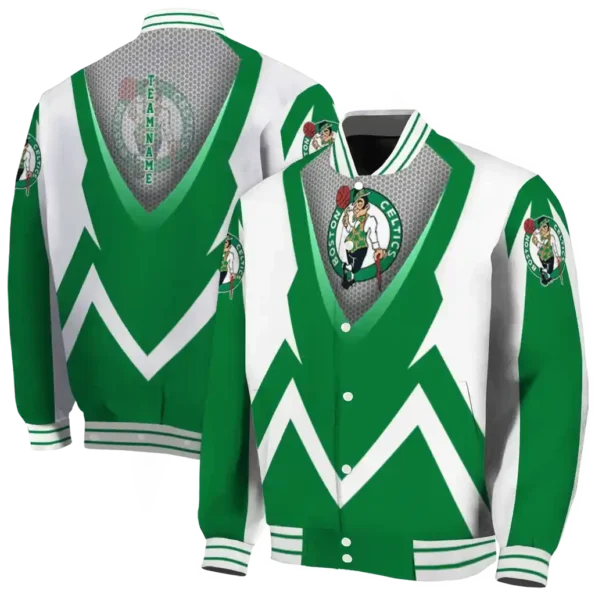 personalized boston celtics v stripes green white varsity jacket fashion forward.webp